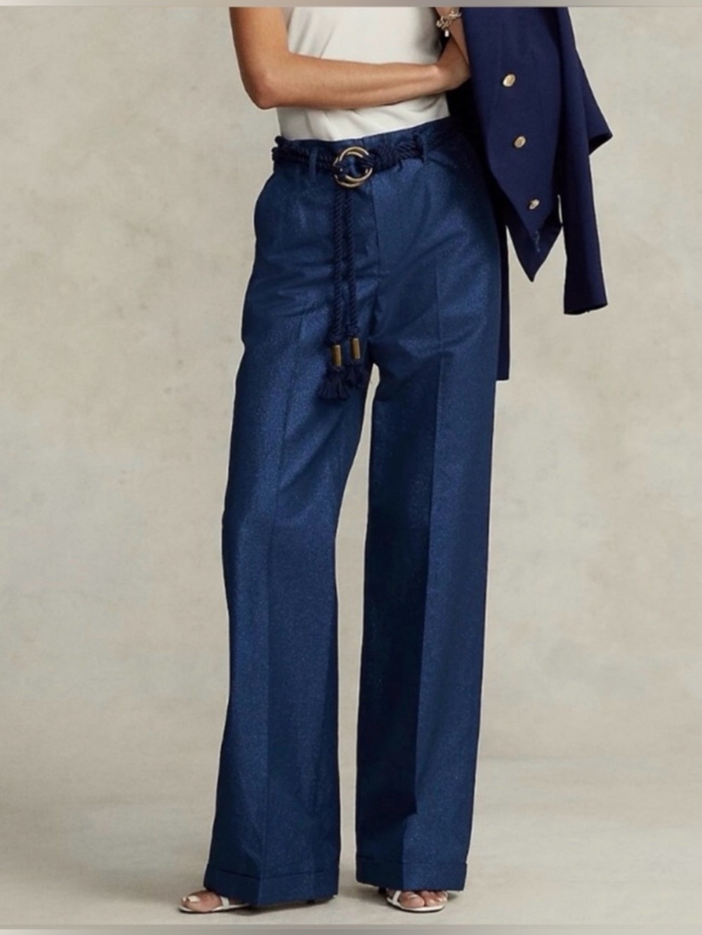 Polo Ralph Lauren high waisted metallic navy blue pants wide straight leg